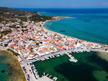 Drone shot, harbour, town of Elafonisos, Elafonisos, Deer Island, Laconia, Peloponnese, Ionian
