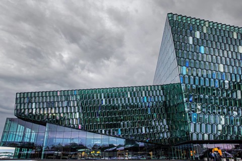 Glass facade of the Harpa Concert Hall and Congress Centre, Reykjavik, Reykjanes Peninsula,