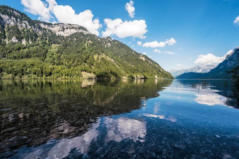 View over Lake Klöntal, Canton Glarus, Switzerland, Europe
