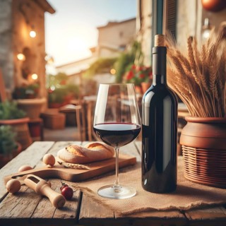 Food and drink background with red wine, fresh grapes and wine bottle. AI Generated, AI generated