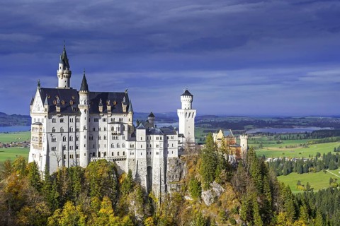Neuschwanstein Castle seen from Marienbrücke in autumn, fall, 19th-century Romanesque Revival