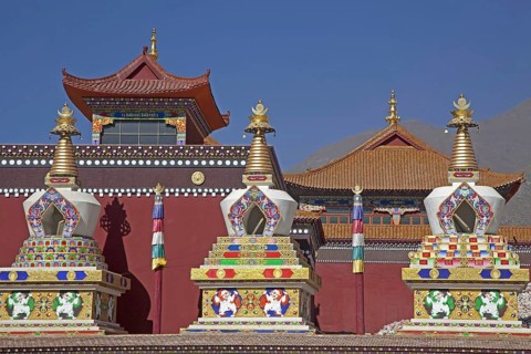 The Sengze Gyanak Mani wall, the longest wall of prayer wheels in the world, along the