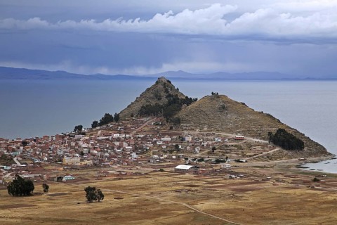 View over Copacabana, Bolivian town on the shore of Lake Titicaca, Bolivia, South America