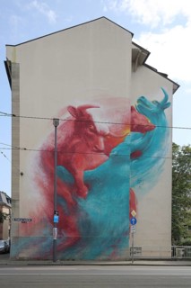 Mural with bull on house, graffiti, street art, Friedberger Landstraße, Nordend, Main, Frankfurt,