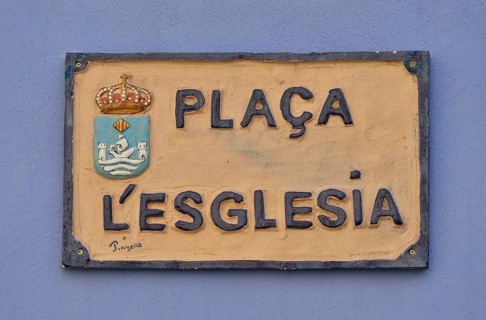 Street sign in Valencian, Placa l'Esglesia, Church Square, Villajoyosa, Costa Blanca, Spain, Europe