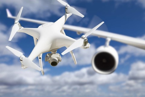 Unmanned aircraft system (UAV) quadcopter drone in the air too close to passenger airplane