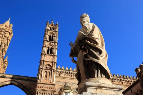 City of Palermo, the west tower at the Archbishop's Palace connected by pointed arches to the