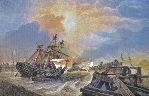 Rescue of a ship in front of the harbour entrance of Yarmouth, Isle of Wight, 1869, England,