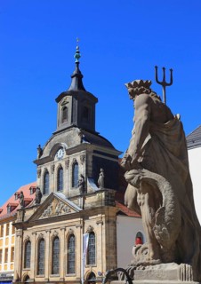 In the city centre of Bayreuth, Neptune Fountain and the Spital Church on Maximilianstrasse,