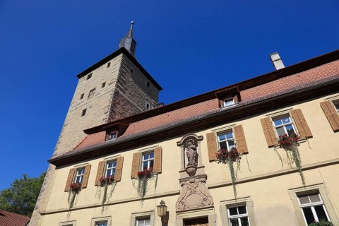 Historical building and the Mittagsturm, Iphofen, district of Kitzingen, Lower Franconia, Bavaria,