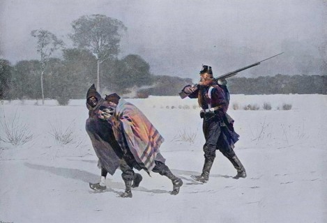Soldier escorting two prisoners of war in the winter of 1880, Historic, digitally restored