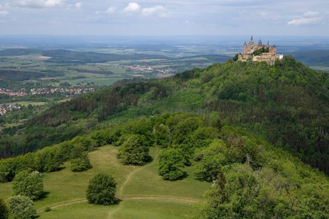 Cultural landscape, Hohenzollern Castle, near Bisingen, Zollernalbkreis, Swabian Alb,