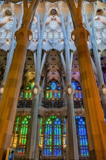 Interior view of the Familia Sagrada by the architect Antonio Gaudi in Barcelona, Spain, Europe