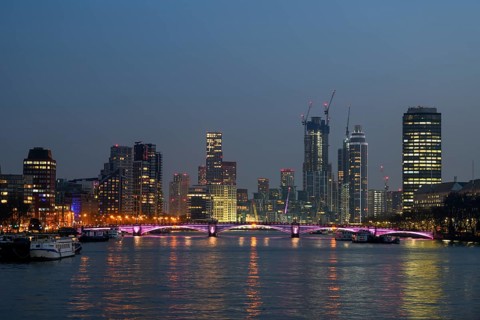 View of the London skyline from Westminster Bridge, blue hour, England, United Kingdom, Europe