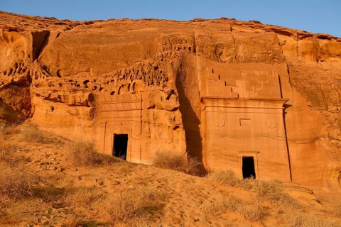 Nabataean tombs at Djabal Al-Ahmar in first daylight, Hegra or Madain Salih, AlUla region, Medina