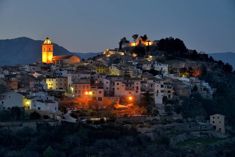 Village of Polop at dusk, blue hour, Province of Alicante, Spain, Europe