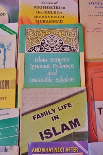Books about Islam at a sales stall, Stone Town, Zanzibar City, Zanzibar, Tanzania, Africa