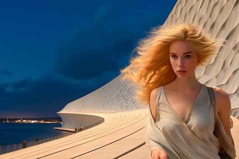 Beautiful young woman with blond hair in a modern architectural environment, Europe, AI generated