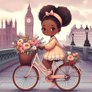 Cute anime girl on bicycle with flowers in the city of London. AI generated
