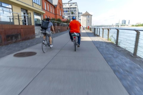 Cycling from the first-person perspective on a shared footpath and cycle path in Cologne, North