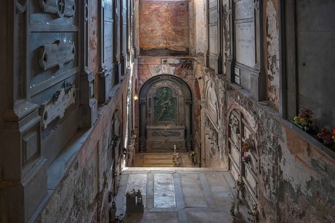 Stairway to the lower burial level, in the Monumental Cemetery, Cimitero monumentale di Staglieno),
