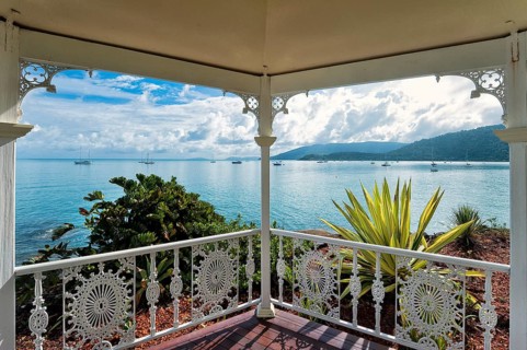 View from the garden pavilion of a hotel to the bay with sailing ships, travel, holiday, sea, Arlie