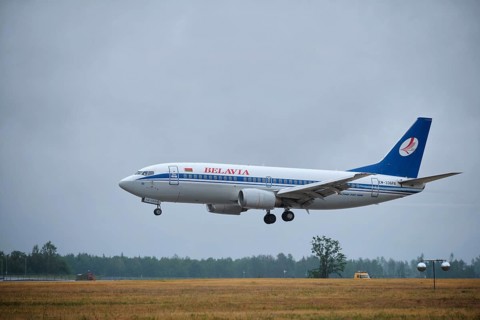 Minsk, Belarus, June 15, 2018: Belavia belarusian airlines flight Boeing 737-300 plane landing on