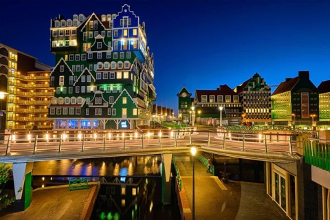 ZAANDAM, NETHERLANDS, MAY 8, 2017: Inntel Hotel in Zaandam illuminated at night. Design of