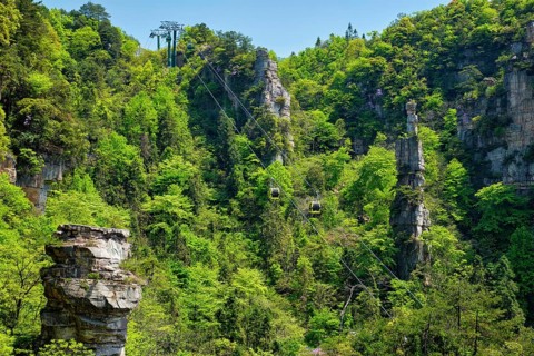 Famous tourist attraction of China, Zhangjiajie stone pillars cliff mountains with cable railway