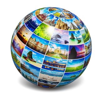 Global travel media world globe concept, picture sphere with travel images isolated on white. All