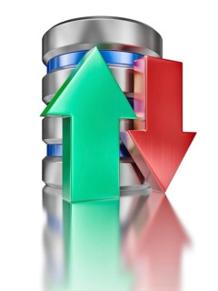 Database upload download concept, hard disk drive data storage database icon symbol with arrows