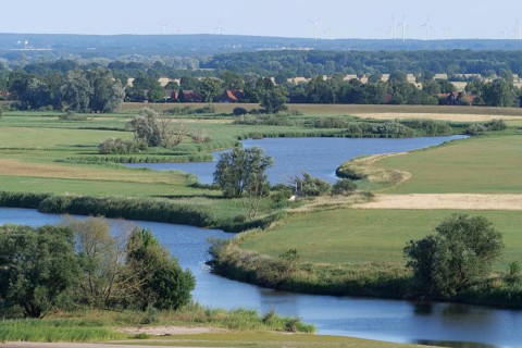 The Elbe and tributaries in the Elbe floodplain of Lower Saxony. Elbe floodplain and Elbe dike