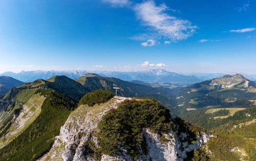 Drone shot, panorama shot, mountain landscape, summit cross on the Gruberhorn with Regenspitz,