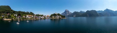 Drone shot, panorama shot, Johannesberg Chapel, Traunkirchen with Traunstein, Lake Lake Traun,