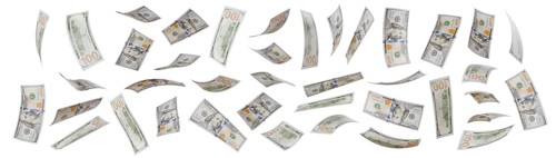 Collection of falling one hundred dollar bills isolated on a white background