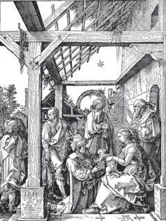 The Adoration of the Magi, woodcut by Albrecht Dürer, historical, digital improved reproduction of