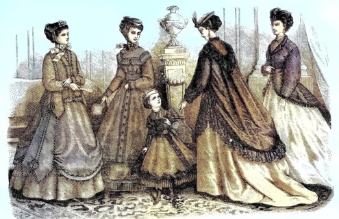 Four woman and two girls in the current spring fashion, costumes and confections by Madame