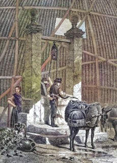 The fountain at the Alhambra in Grenada, drinking water is loaded into jugs transported by donkeys,