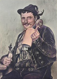 Bavarian man, 1880, wearing traditional traditional costume and holding a beer mug and a pipe,
