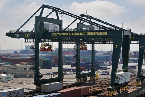 Straddle carrier at the container terminal in the port of Zeebrugge, Belgium, Europe