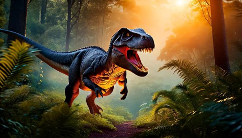 A dinosaur Tyrannosaurus Rex roaring in a prehistoric forest with lush vegetation, AI generated