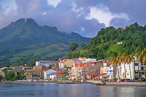 The town Saint-Pierre, first permanent French colony and active volcano Mount Pelée on the island