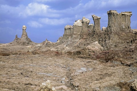 Eroded towers and pinnacles composed of salt, potassium and magnesium in the Danakil Desert, Afar