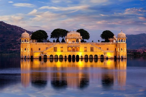 Rajasthan landmark, Jal Mahal Water Palace on Man Sagar Lake in the evening in twilight. Jaipur,
