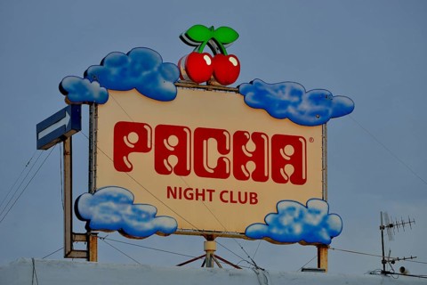 Sign at the Pacha nightclub, Ibiza city, Ibiza, Balearic Islands, Spain, Europe