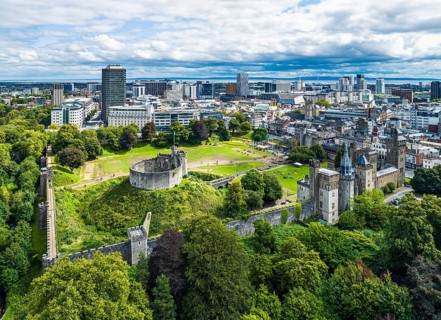 Cardiff Castle from a drone, Cardiff, Wales, England, United Kingdom, Europe