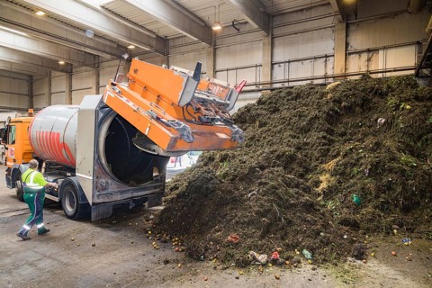 A disposal vehicle from the company Becker Umwelttechnik, delivers the contents of organic waste