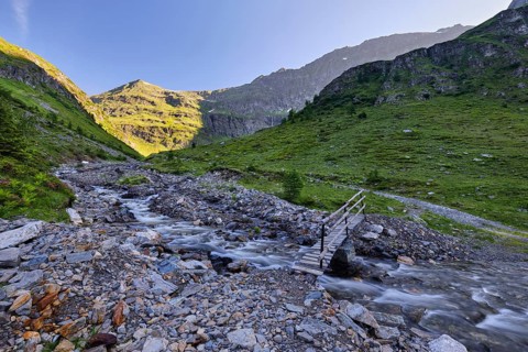 Bridge over the Göriachbach, Samspitze, morning, Schladminger Tauern, Göriach, Lungau, Salzburg