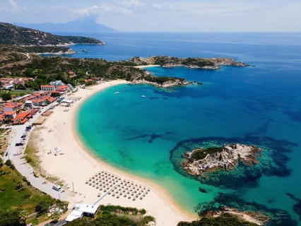 Aerial view, rocks and beach, Kalamitsi, Sithonia, Chalkidiki, Central Macedonia, Greece, Europe