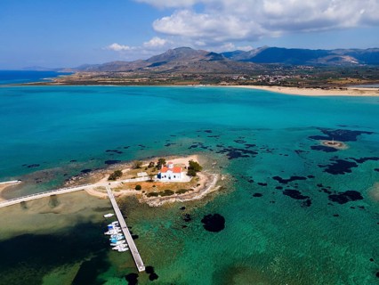 Drone shot, Greek Orthodox Church of Saint Spiridon, Agios Spyridon, Elafonisos town, Elafonisos,